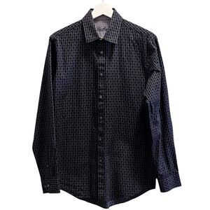 NWOT VAN HEUSEN Mens Small 14/14.5 Black White Print Long Sleeve Dress Shirt